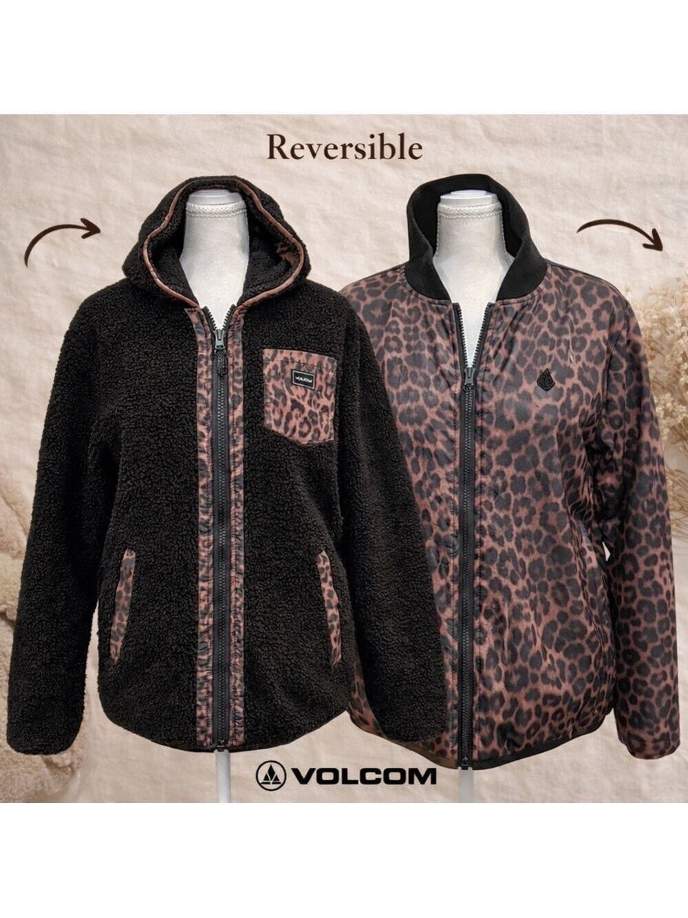 Volcom Fleece Jacket Reversible Sherpa Jacket Leopard Print Water Resistant Med